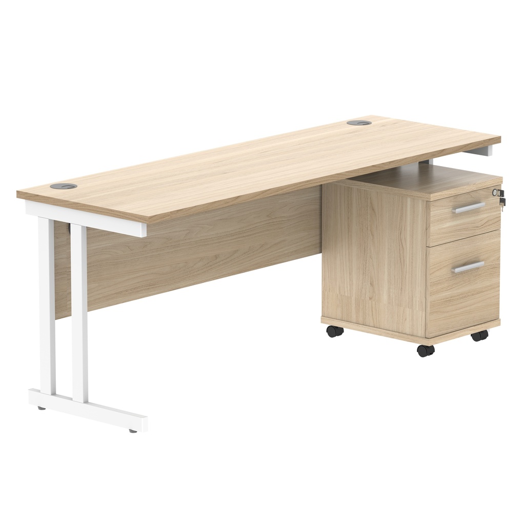Double Upright Rectangular Desk + 2 Drawer Mobile Under Desk Pedestal (FSC) | 1800X600 | Canadian Oak/White