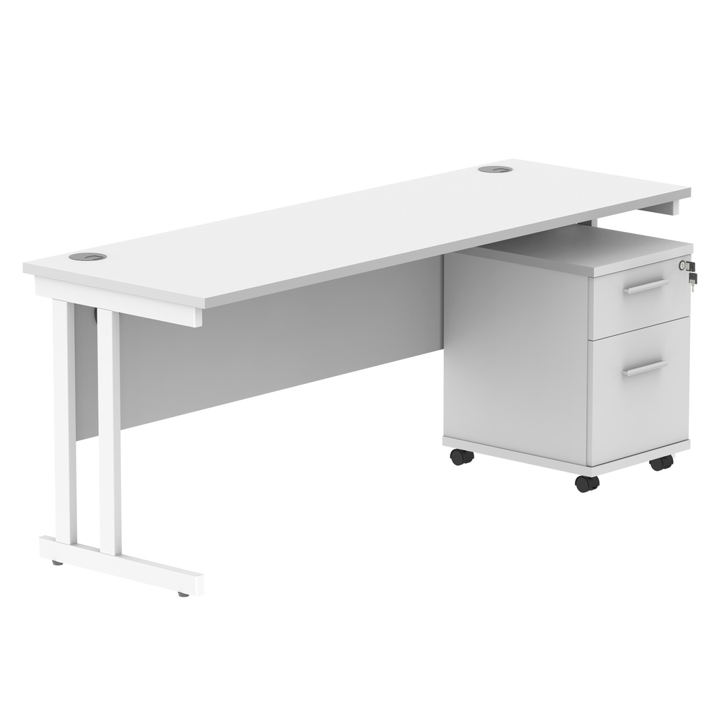 Double Upright Rectangular Desk + 2 Drawer Mobile Under Desk Pedestal (FSC) | 1800X600 | Arctic White/White