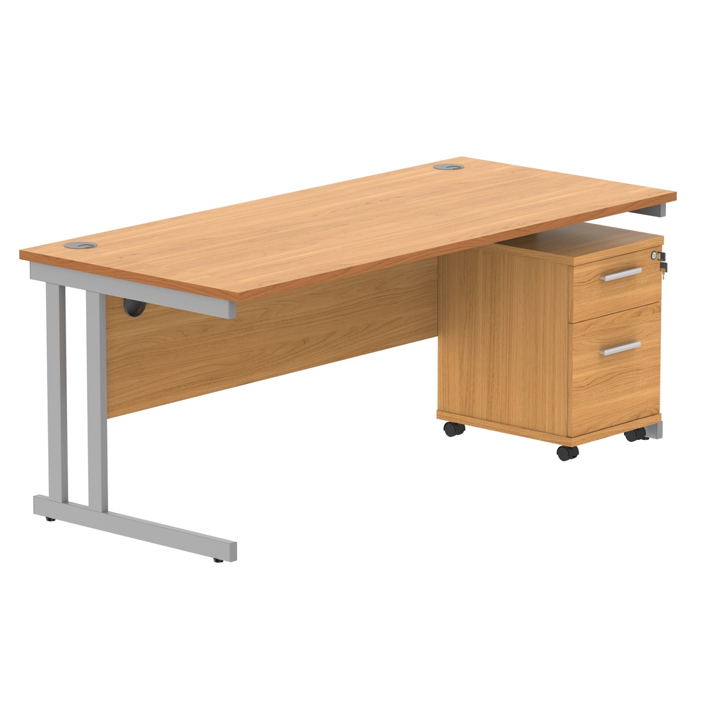 Double Upright Rectangular Desk + 2 Drawer Mobile Under Desk Pedestal (FSC) | 1800X800 | Norwegian Beech/Silver