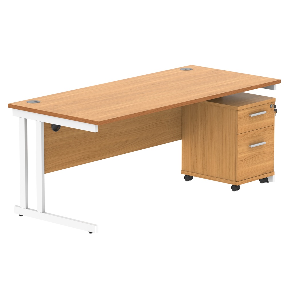 Double Upright Rectangular Desk + 2 Drawer Mobile Under Desk Pedestal (FSC) | 1800X800 | Norwegian Beech/White