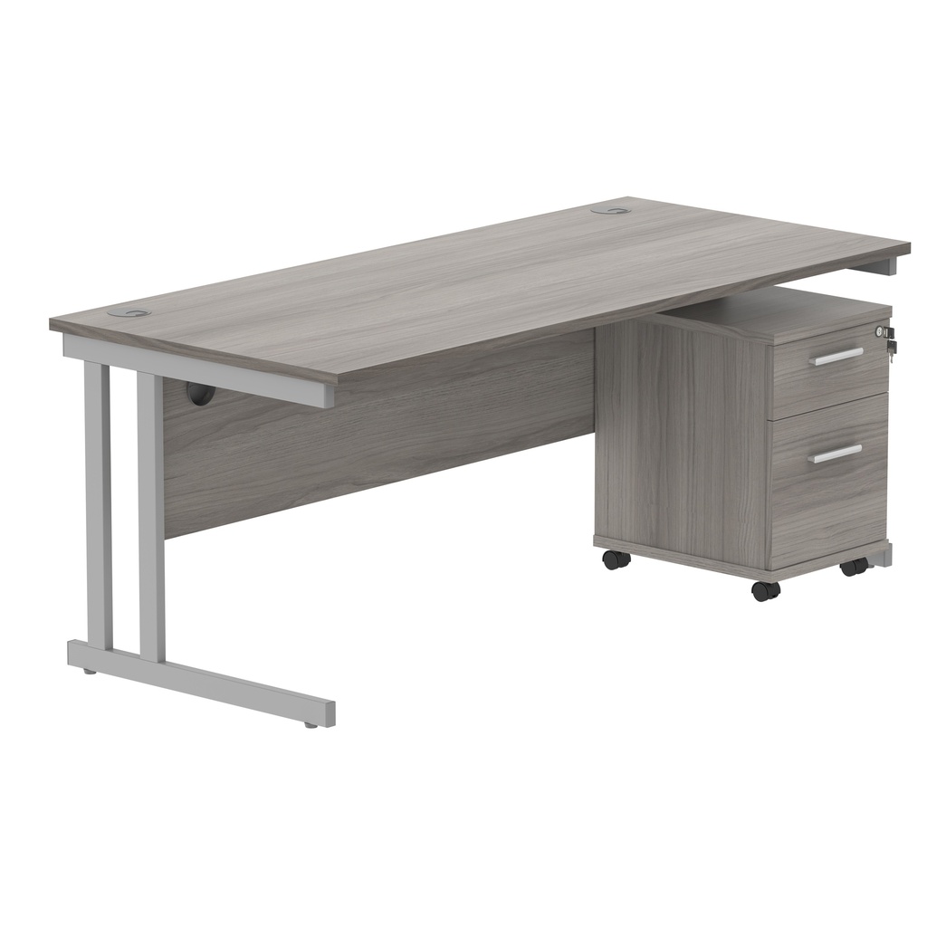 Double Upright Rectangular Desk + 2 Drawer Mobile Under Desk Pedestal (FSC) | 1800X800 | Alaskan Grey Oak/Silver