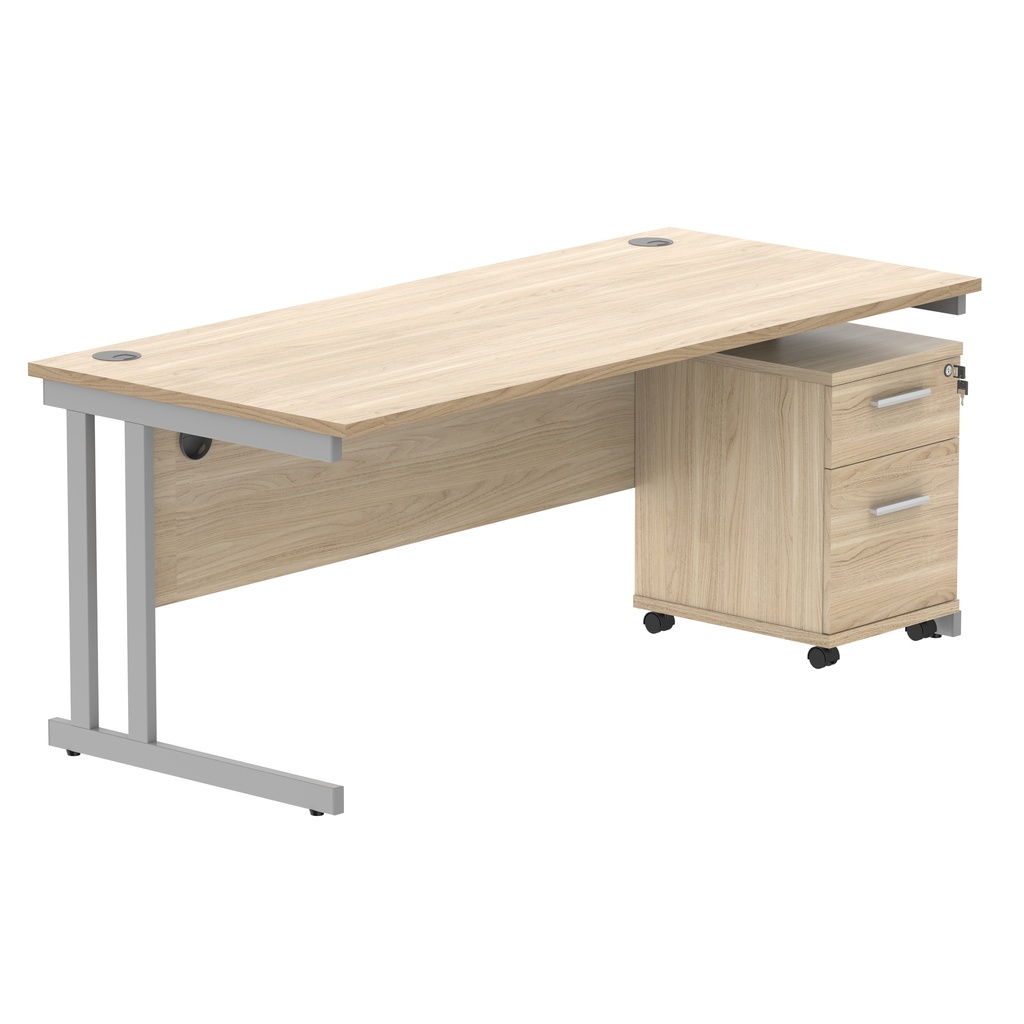 Double Upright Rectangular Desk + 2 Drawer Mobile Under Desk Pedestal (FSC) | 1800X800 | Canadian Oak/Silver