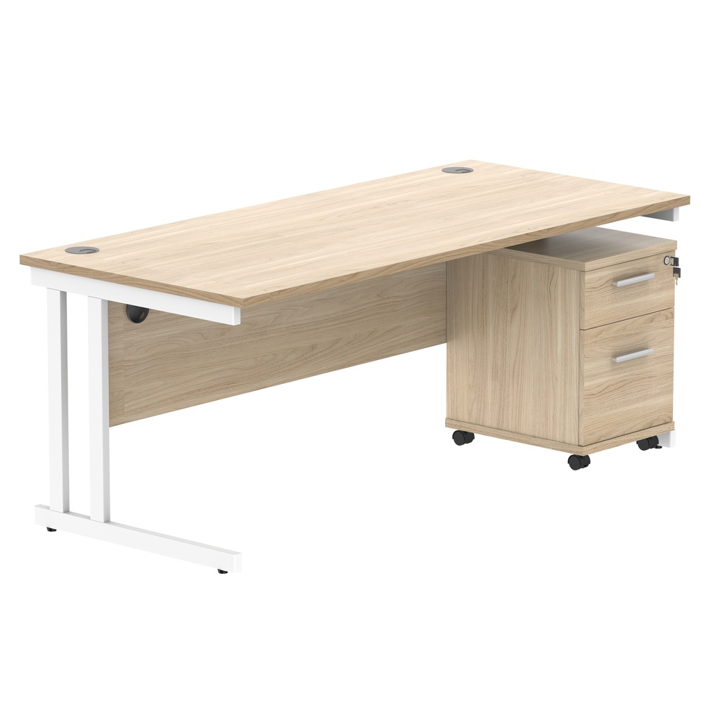 Double Upright Rectangular Desk + 2 Drawer Mobile Under Desk Pedestal (FSC) | 1800X800 | Canadian Oak/White