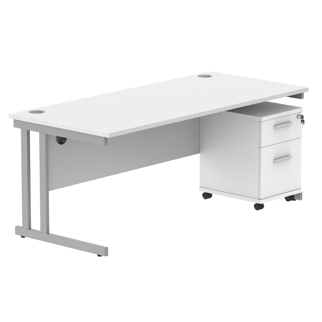 Double Upright Rectangular Desk + 2 Drawer Mobile Under Desk Pedestal (FSC) | 1800X800 | Arctic White/Silver