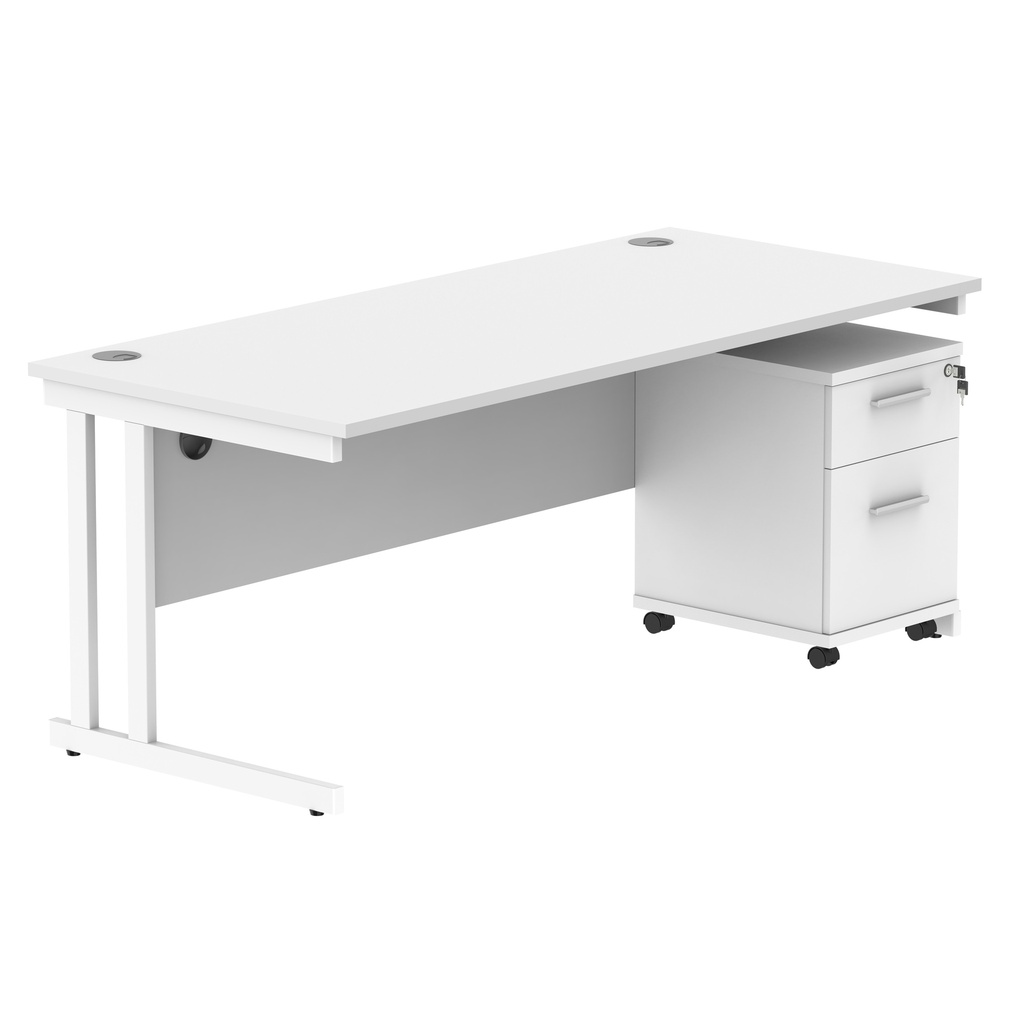 Double Upright Rectangular Desk + 2 Drawer Mobile Under Desk Pedestal (FSC) | 1800X800 | Arctic White/White
