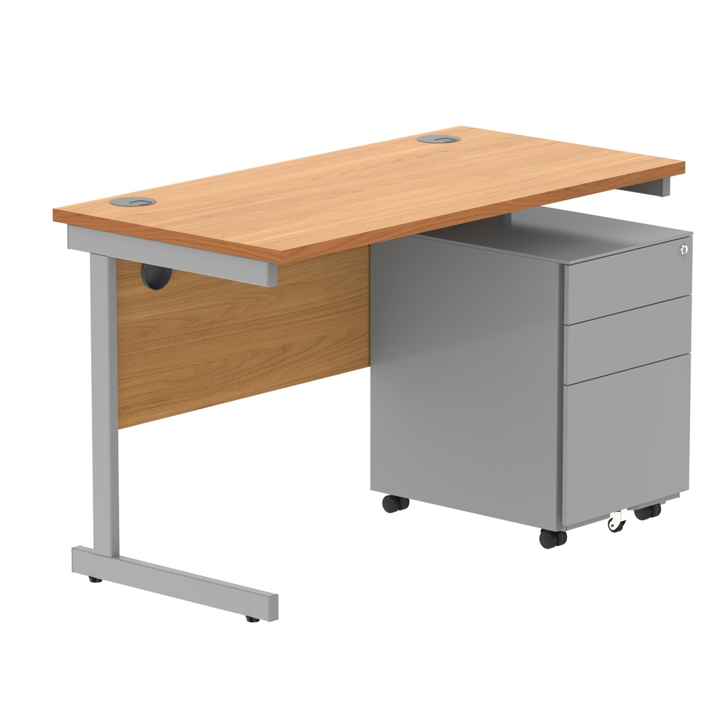 CORE Single Upright Rectangular Desk + Under Desk Steel Pedestal 3 Drawers (FSC) | 1200 X 600 | Norwegian Beech/Silver
