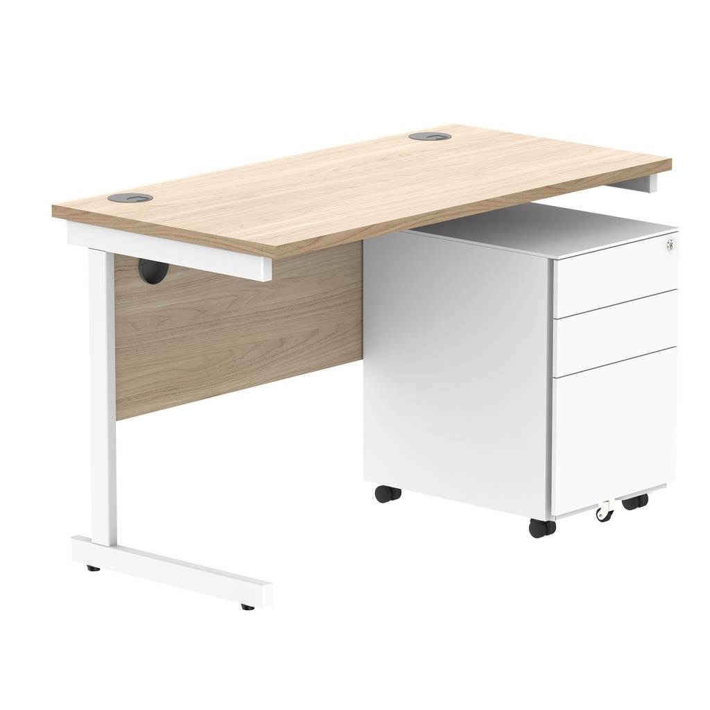CORE Single Upright Rectangular Desk + Under Desk Steel Pedestal 3 Drawers (FSC) | 1200 X 600 | Canadian Oak/White