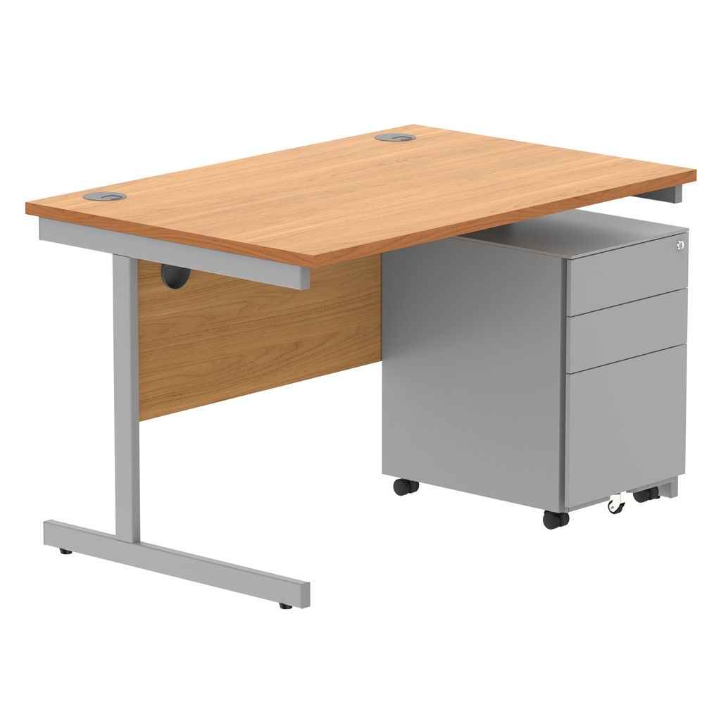 CORE Single Upright Rectangular Desk + Under Desk Steel Pedestal 3 Drawers (FSC) | 1200 X 800 | Norwegian Beech/Silver