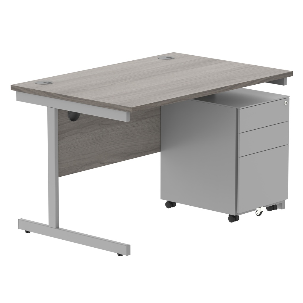 CORE Single Upright Rectangular Desk + Under Desk Steel Pedestal 3 Drawers (FSC) | 1200 X 800 | Alaskan Grey Oak/Silver