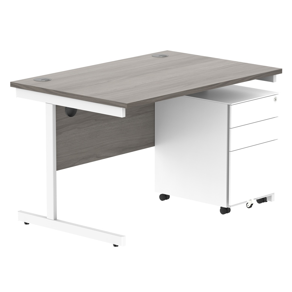 CORE Single Upright Rectangular Desk + Under Desk Steel Pedestal 3 Drawers (FSC) | 1200 X 800 | Alaskan Grey Oak/White