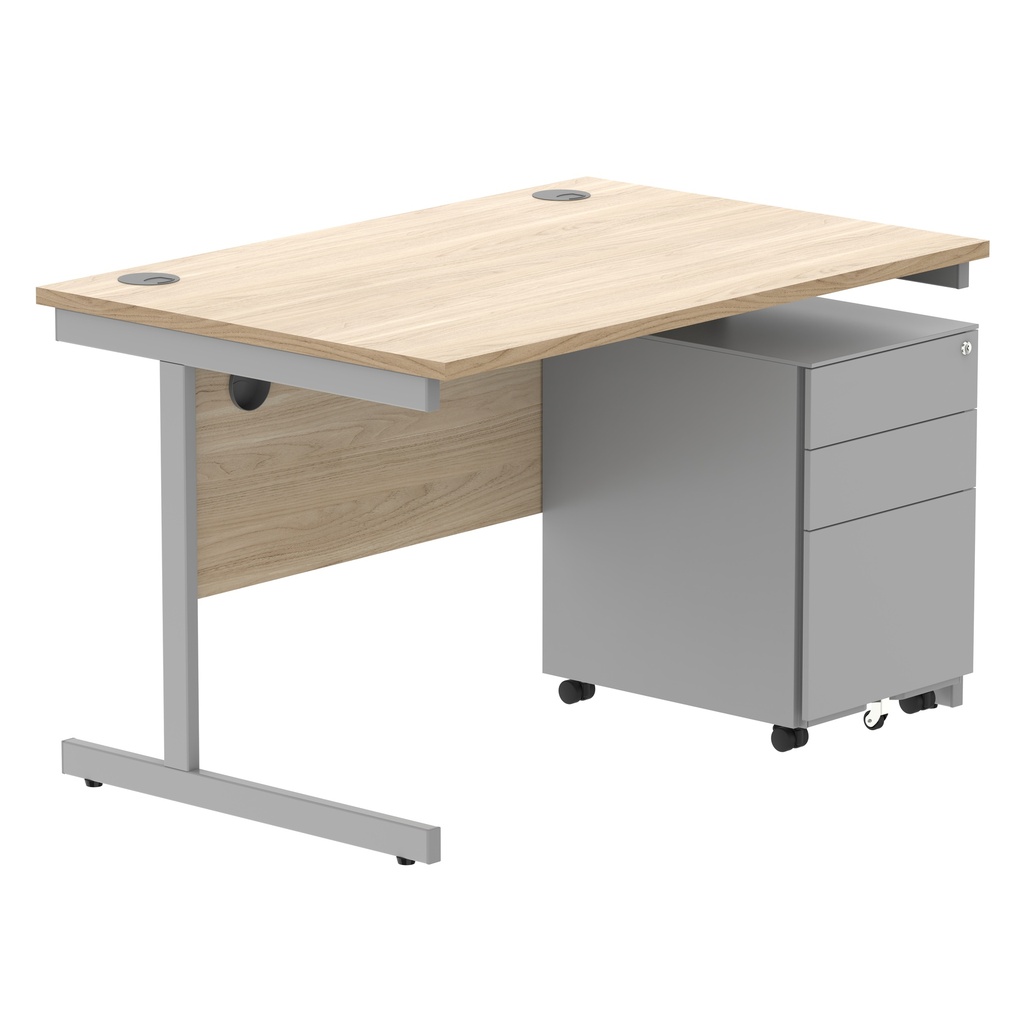 CORE Single Upright Rectangular Desk + Under Desk Steel Pedestal 3 Drawers (FSC) | 1200 X 800 | Canadian Oak/Silver