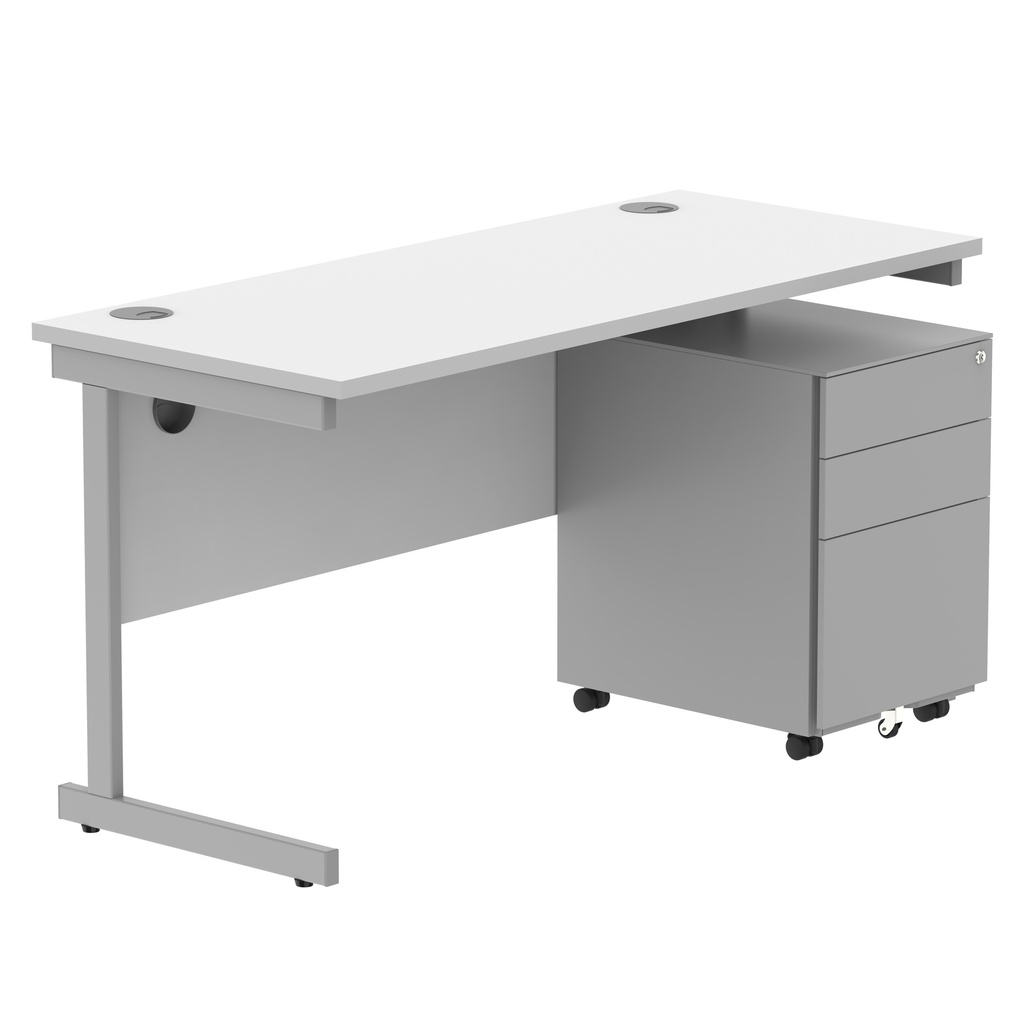 CORE Single Upright Rectangular Desk + Under Desk Steel Pedestal 3 Drawers (FSC) | 1400 X 600 | Arctic White/Silver