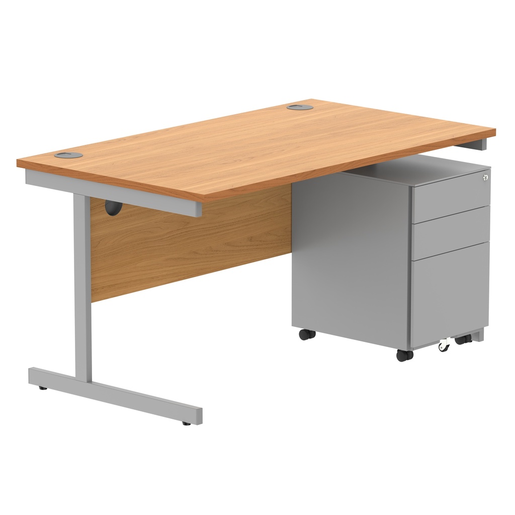 CORE Single Upright Rectangular Desk + Under Desk Steel Pedestal 3 Drawers (FSC) | 1400 X 800 | Norwegian Beech/Silver
