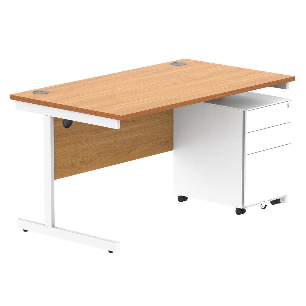 CORE Single Upright Rectangular Desk + Under Desk Steel Pedestal 3 Drawers (FSC) | 1400 X 800 | Norwegian Beech/White