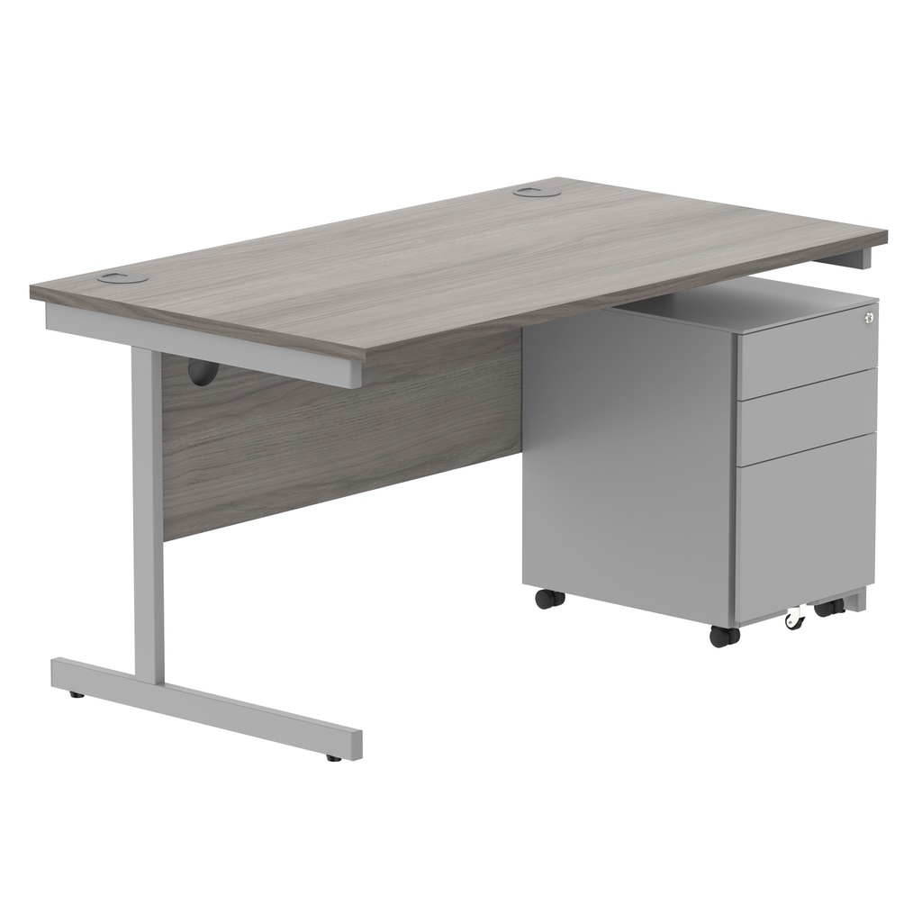 CORE Single Upright Rectangular Desk + Under Desk Steel Pedestal 3 Drawers (FSC) | 1400 X 800 | Alaskan Grey Oak/Silver