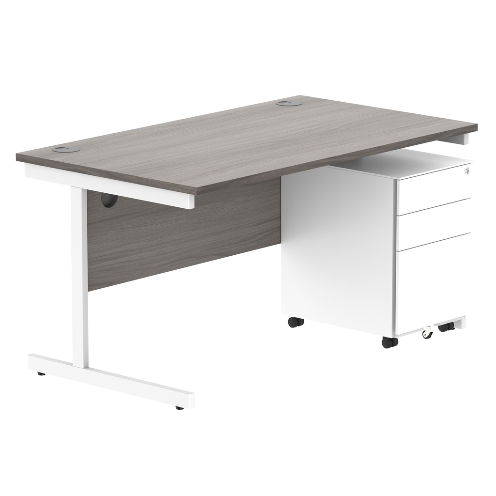 CORE Single Upright Rectangular Desk + Under Desk Steel Pedestal 3 Drawers (FSC) | 1400 X 800 | Alaskan Grey Oak/White