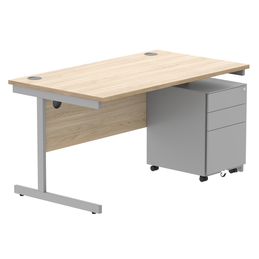 CORE Single Upright Rectangular Desk + Under Desk Steel Pedestal 3 Drawers (FSC) | 1400 X 800 | Canadian Oak/Silver