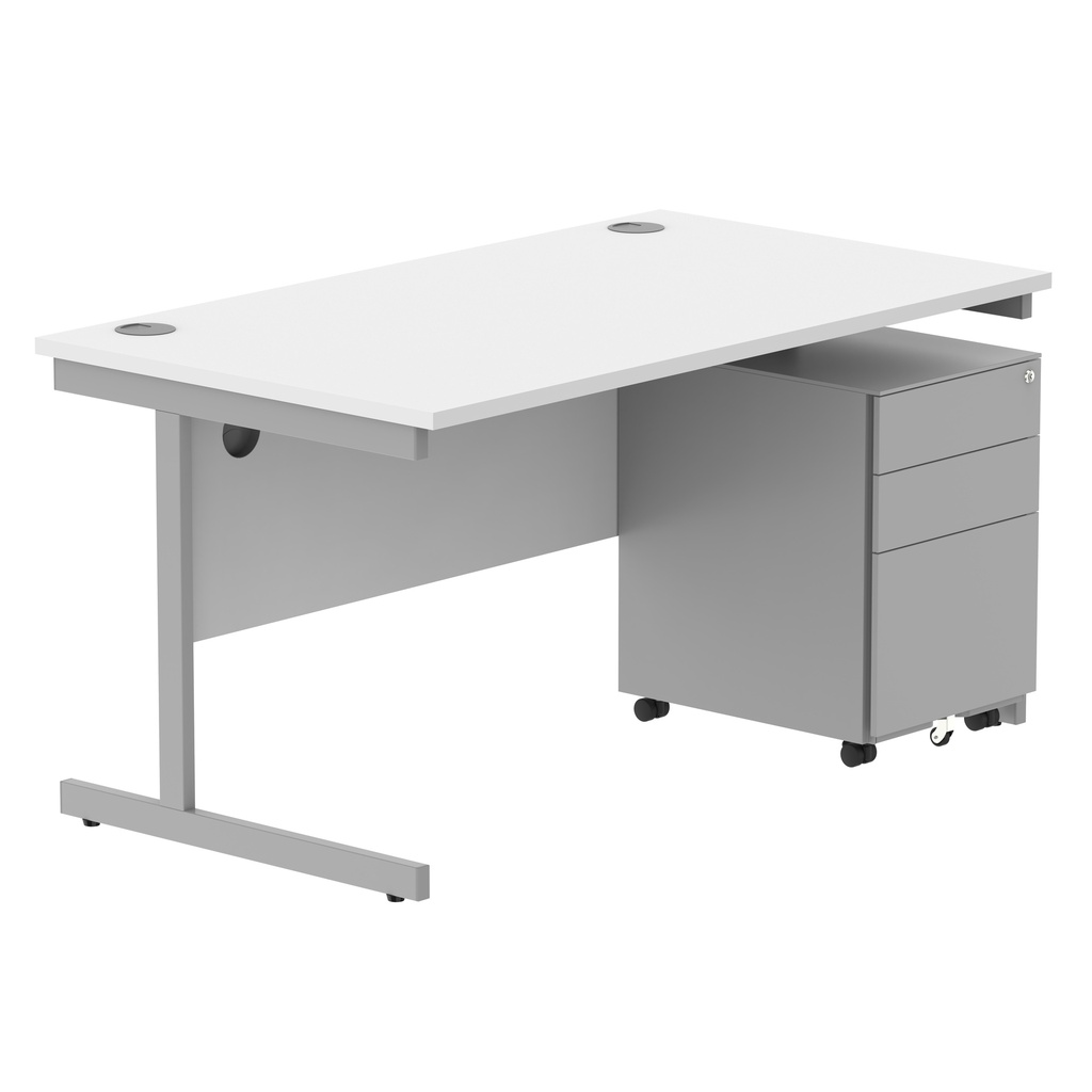 CORE Single Upright Rectangular Desk + Under Desk Steel Pedestal 3 Drawers (FSC) | 1400 X 800 | Arctic White/Silver