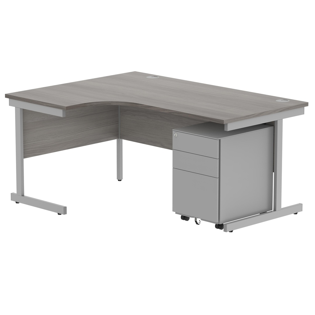 CORE Single Upright Left Hand Radial Desk + Under Desk Steel Pedestal 3 Drawers (FSC) | 1600 X 1200 | Alaskan Grey Oak/Silver