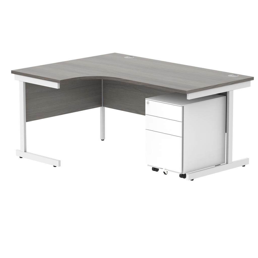 CORE Single Upright Left Hand Radial Desk + Under Desk Steel Pedestal 3 Drawers (FSC) | 1600 X 1200 | Alaskan Grey Oak/White