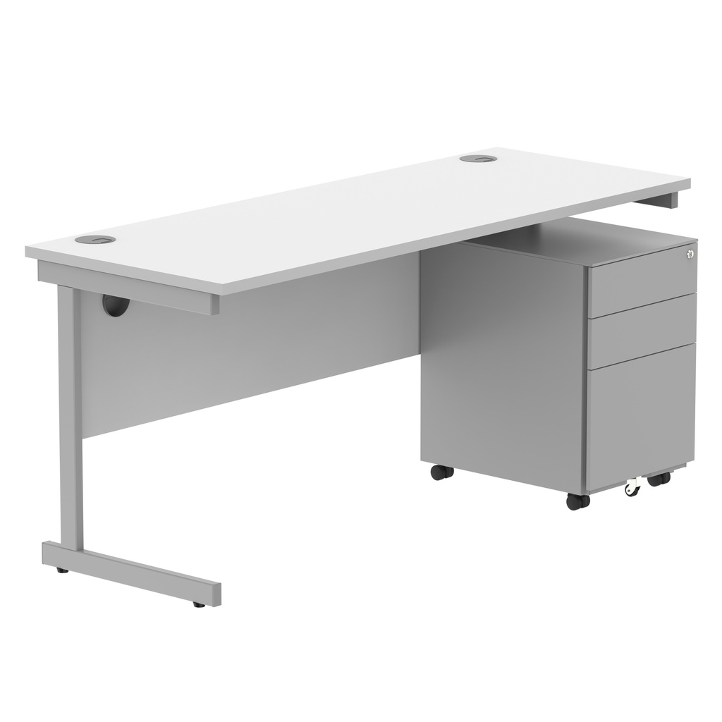 CORE Single Upright Rectangular Desk + Under Desk Steel Pedestal 3 Drawers (FSC) | 1600 X 600 | Arctic White/Silver