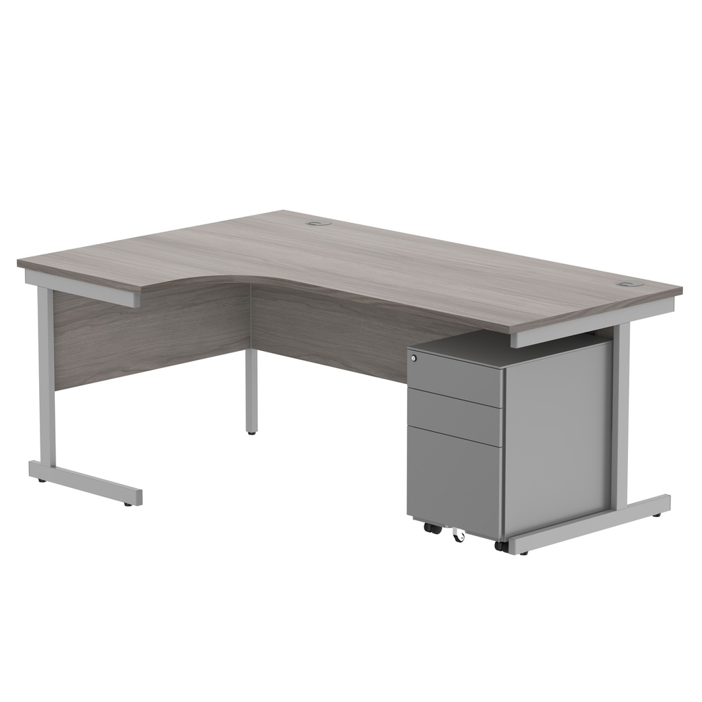 CORE Single Upright Left Hand Radial Desk + Under Desk Steel Pedestal 3 Drawers (FSC) | 1800 X 1200 | Alaskan Grey Oak/Silver